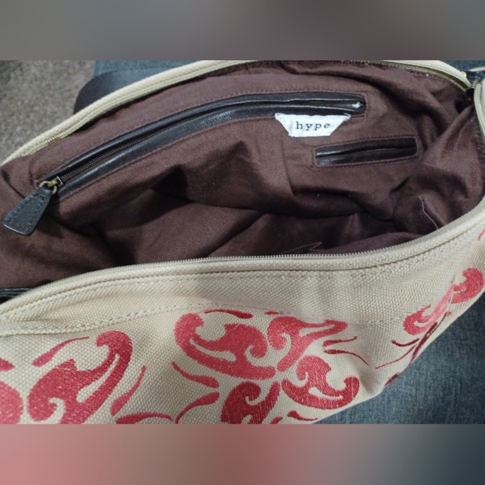 Hype Canvas Fabric Bag Purse Khaki Red cool strap Big tote Boho Hippie Chic - Picture 5 of 9